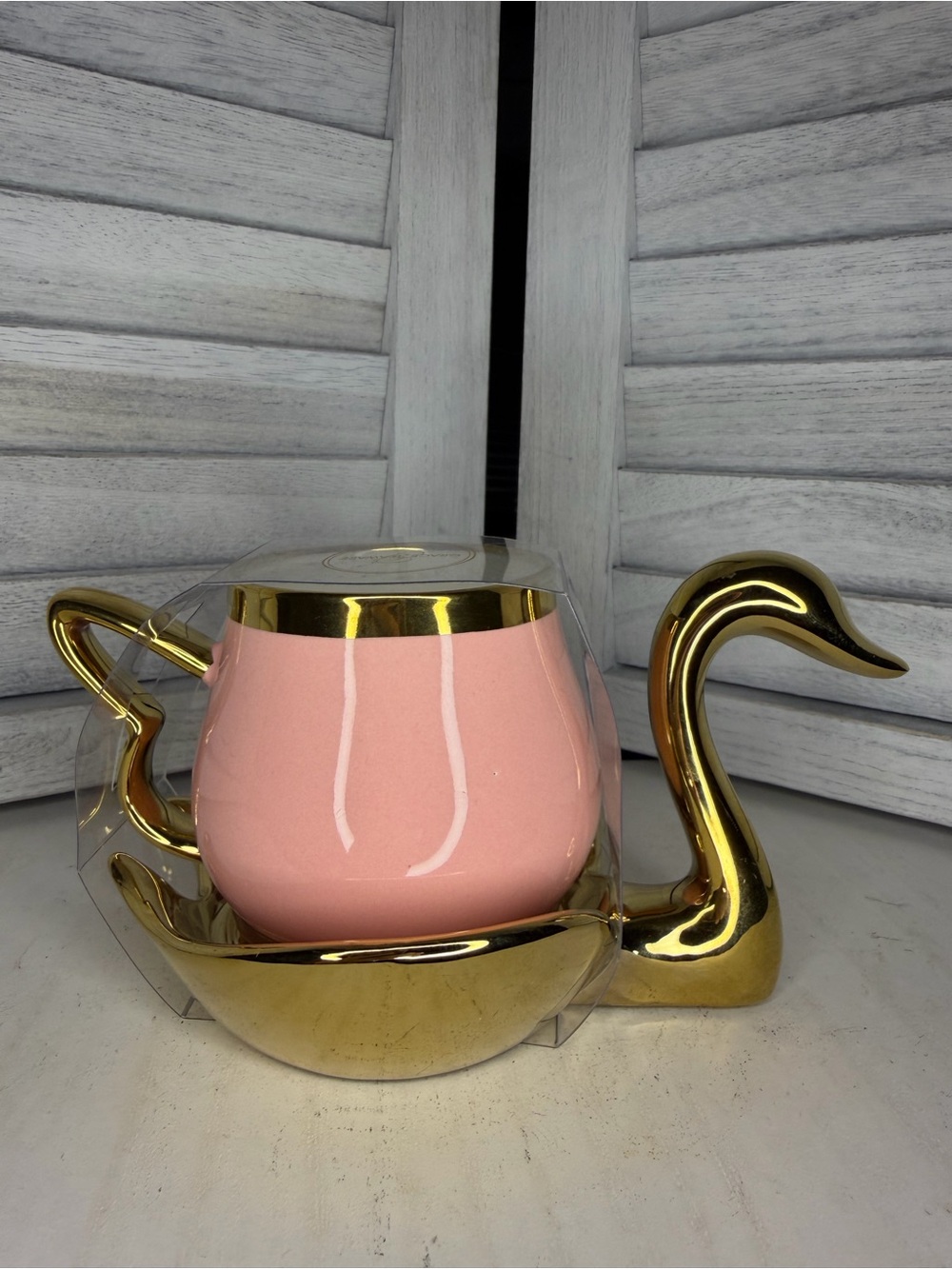 Gold Swan Teapot with Pink Ceramic Tea Cup or Coffee Creamer or Sugar